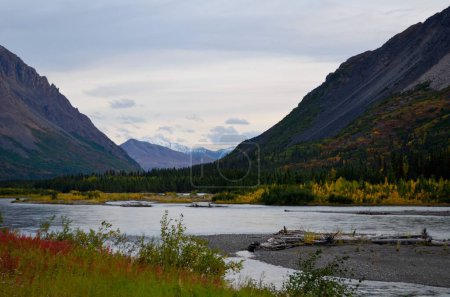 Foto de Una vista panorámica del río Nenana rodeado de hermosas montañas en Alaska durante un día de otoño - Imagen libre de derechos