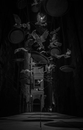 Téléchargez les photos : Vue verticale sombre d'une rue étroite décorée de plateaux métalliques et de pigeons à Alep, en Syrie - en image libre de droit