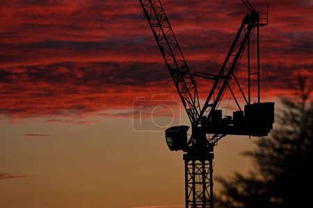 Photo for A closeup of a built crane in maroon color clouds background - Royalty Free Image