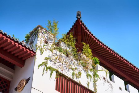 Photo for The exterior of a Chinese architecture facade temple with red walls under blue sky, low angle shot - Royalty Free Image
