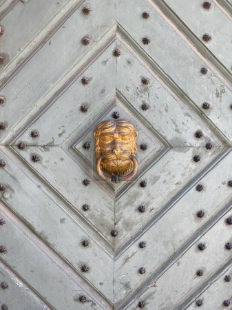 Téléchargez les photos : Un plan vertical d'un frappeur doré d'une porte verte vintage - en image libre de droit
