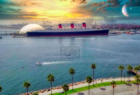 Téléchargez les photos : Paysage marin pittoresque en bord de mer dans le port Queen Mary de Long Beach en Californie avec des effets spéciaux - en image libre de droit