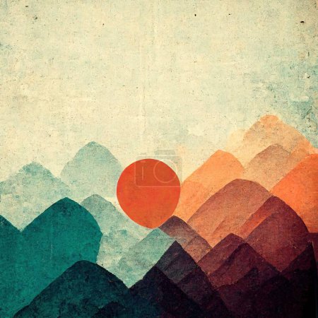 Téléchargez les photos : Un magnifique fond de style japonais illustré avec un soleil rouge vif sur les montagnes bleues et orange sur un fond pastel - en image libre de droit