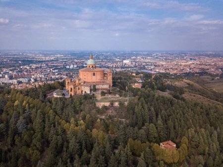 Photo for An aerial view of the Sanctuary of the Blessed Virgin of San Luca on the hill on a sunny morning - Royalty Free Image