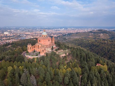 Photo for An aerial view of the Sanctuary of the Blessed Virgin of San Luca on the hill on a sunny morning - Royalty Free Image