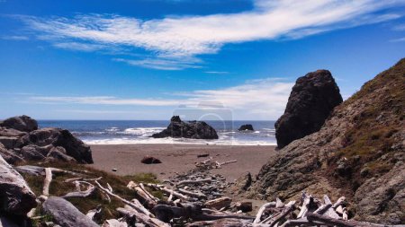 Téléchargez les photos : Une vue panoramique des vagues de l'océan écrasant les rochers sur la plage de Goat Rock de Jenner, Californie - en image libre de droit