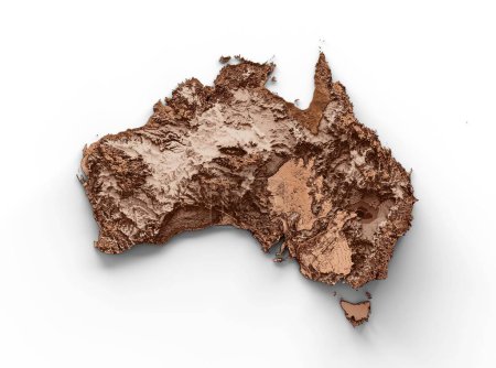 Photo for A topographic illustration of an Australian map, with tint-shaded hypsometric elevation relief, on a white background, in a vintage style - Royalty Free Image