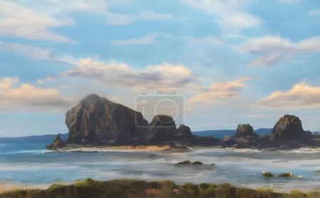 Téléchargez les photos : Illustration générée par Ai d'une plage rocheuse sous un ciel bleu avec des nuages. - en image libre de droit