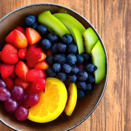 Photo for A top view of a bowl of various fruits and berries on a wooden table - Royalty Free Image