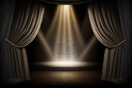 Téléchargez les photos : Une vue sur scène dorée avec une boucle de lumière et des rideaux gris - en image libre de droit