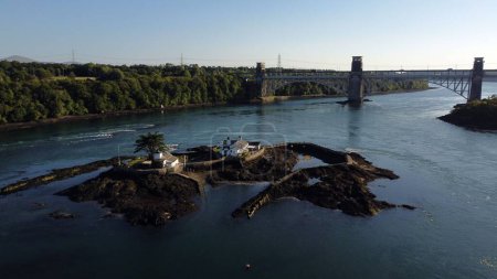 Photo for An aerial shot of the private island property under Britannia bridge in North Wales - Royalty Free Image