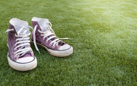 Foto de Un par de zapatillas moradas en el césped - Imagen libre de derechos