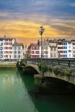 Photo for Bayonne in the pays Basque, typical facades and bridge on the river Nive - Royalty Free Image