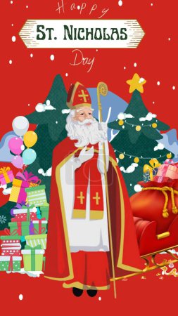 Photo for A vertical illustration of a priest with presents and Christmas trees in the background - Royalty Free Image