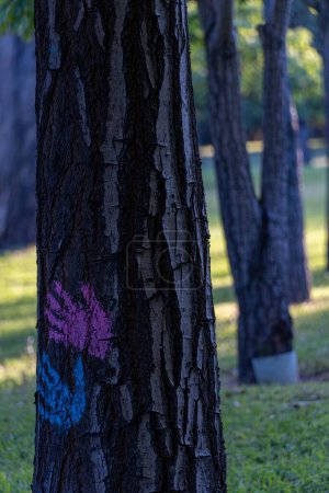 Téléchargez les photos : Plan vertical d'un tronc d'arbre avec les mains marquées dessus, concept-soin de l'environnement par les hommes et les femmes - en image libre de droit