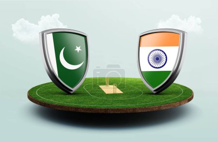 Téléchargez les photos : Une illustration 3D de l'Inde vs Pakistan drapeaux de cricket avec célébration du bouclier sur un stade flottant sur un fond bleu pastel avec des nuages - en image libre de droit