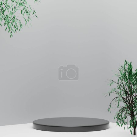 Foto de Representación en 3D de un podio de cilindro con plantas verdes perfectas para la sesión de fotos de la pantalla del producto - Imagen libre de derechos