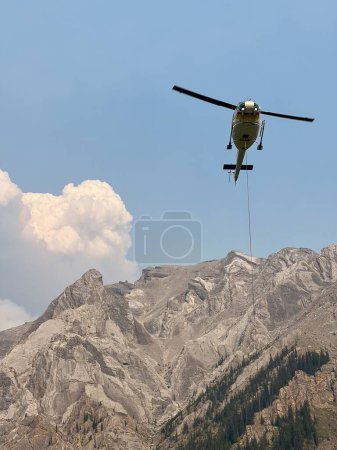 Téléchargez les photos : Un hélicoptère en vol au-dessus de montagnes rocheuses et d'arbres sombres sous un ciel nuageux pâle - en image libre de droit