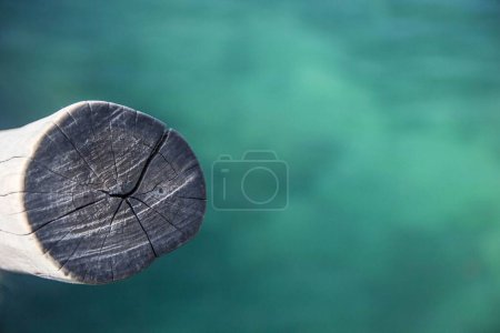 Foto de Un primer plano de un trozo de madera con un mar turquesa en el fondo - un concepto tropical - Imagen libre de derechos