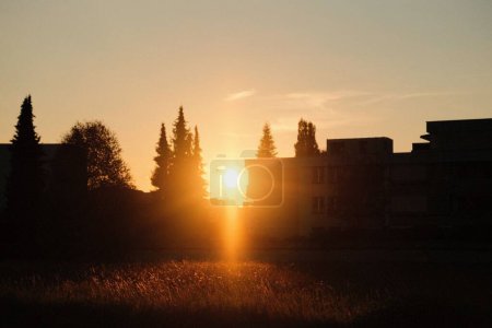 Téléchargez les photos : Un immeuble résidentiel et des arbres face au coucher du soleil à Itzling, Salzbourg - en image libre de droit