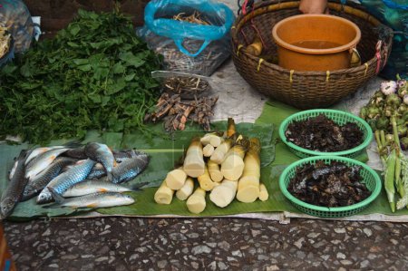 Téléchargez les photos : Vue en angle élevé du poisson et des légumes frais vendus sur le marché de rue montrant la vie authentique et simple à Luang Prabang, Laos - en image libre de droit