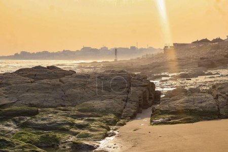 Foto de Un hermoso plano de las formaciones rocosas en una playa de arena al atardecer - Imagen libre de derechos