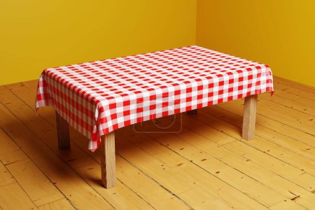 Photo for A 3D render of a wooden table with red and white checkered tablecloth - Royalty Free Image