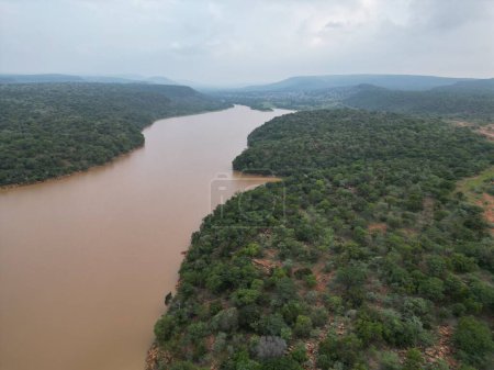 Téléchargez les photos : Un drone d'une rivière entourée de forêts luxuriantes sous le ciel nuageux - en image libre de droit
