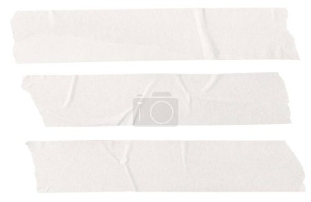 Foto de Grupo de tres pegatinas de cinta de pintores en blanco aisladas sobre fondo blanco. Plantilla maqueta - Imagen libre de derechos