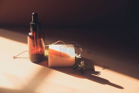 Téléchargez les photos : Bouteille d'huile essentielle et maquette de savon végétalien bio, beauté et bien-être - en image libre de droit