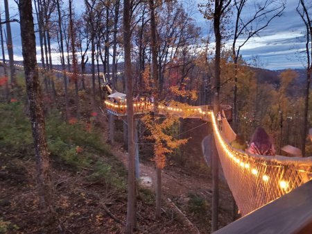 Foto de Un hermoso plano de un puente iluminado rodeado de árboles de colores otoñales - Imagen libre de derechos