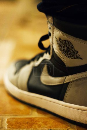 Photo for A closeup of Air Jordan black and white shoes - Royalty Free Image