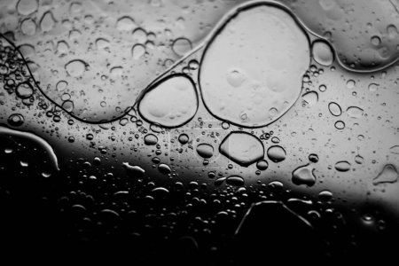 Téléchargez les photos : Une macro-photo en niveaux de gris de gouttes d'eau sur un verre avec un fond gris et noir - en image libre de droit