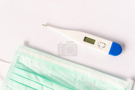 Photo for Various medical equipment, thermometer, ampoules, pipette, drugs, tablets, capsules, spray, patch, syringe, vials on a white background. Medicine, - Royalty Free Image