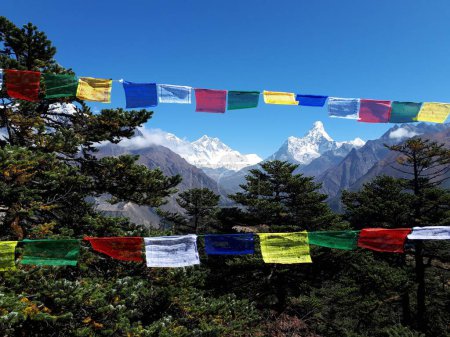 Téléchargez les photos : Une vue rapprochée de drapeaux de prière colorés sur un trek de l'Himalaya - en image libre de droit
