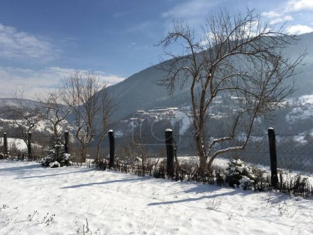 Téléchargez les photos : Une vue d'hiver depuis un village - en image libre de droit