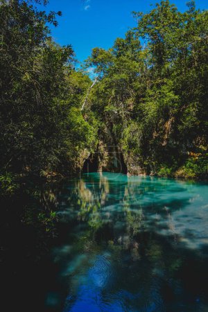 Photo for A vertical top view of the surface of blue and turquoise lake surrounded by lush green vegetation - Royalty Free Image