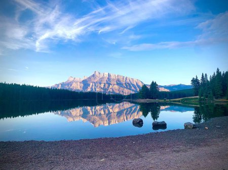 Photo for A scenic view of two Jack Lake with a reflection of mount Rundle in Banff National Park - Royalty Free Image