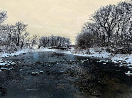 Téléchargez les photos : Une rivière calme entourée par la forêt d'hiver par une journée enneigée avec le ciel nuageux en arrière-plan - en image libre de droit