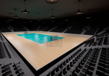 Téléchargez les photos : Un rendu 3d d'un pavillon futsal, stade de sport intérieur avec des sièges vides tout autour de la cour - en image libre de droit