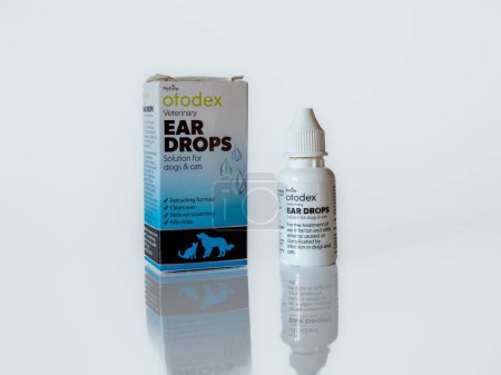 Foto de Frasco de Otodex y envase de gotas para los oídos de perros y gatos aisladas sobre un fondo blanco - Imagen libre de derechos