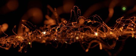 Téléchargez les photos : Un fond rendu en 3D d'une vague numérique abstraite de particules orange sur fond noir - en image libre de droit