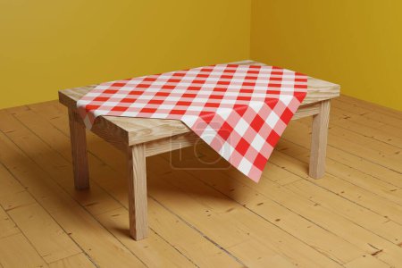Téléchargez les photos : Un rendu 3D d'une table en bois avec nappe à carreaux rouges et blancs - en image libre de droit