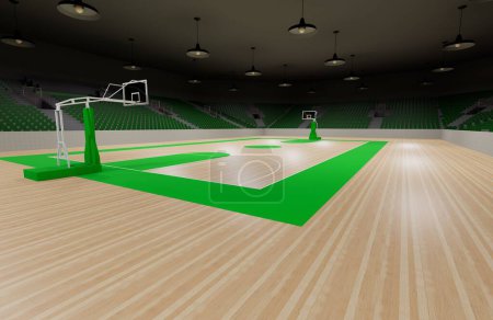 Téléchargez les photos : Un terrain de basket vide soigné avec des sièges verts et des lignes de côté - en image libre de droit