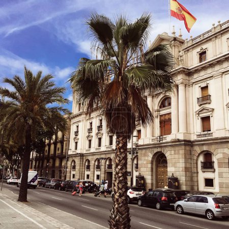 Téléchargez les photos : Vue sur le Palais de la Capitainerie Générale de Barcelone et les palmiers divisant les ruelles - en image libre de droit