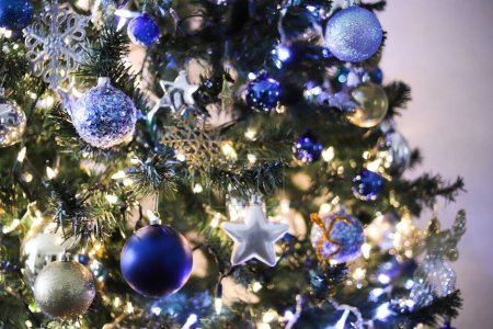Photo for Horizontal shot of christmas tree with blue - Royalty Free Image