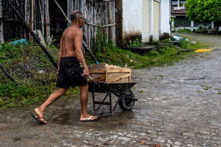 Téléchargez les photos : Ouvrier transportant des marchandises dans une brouette au magasin dans les rues d'Aratuipe, Bahia. - en image libre de droit