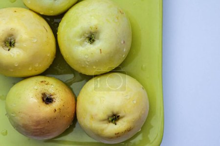 Foto de Una vista superior de manzanas verdes de especies de pero bravo esmolfe lavadas con agua dulce en un plato verde - Imagen libre de derechos