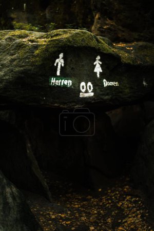 Téléchargez les photos : Un plan vertical de signes masculins et féminins peints sur un rocher vert mousse - en image libre de droit
