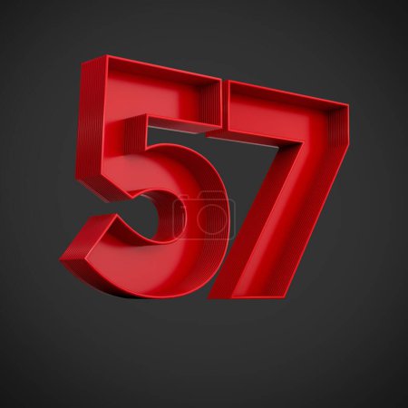 A 3D render of red block digits of the number 57 on a black background